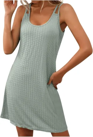 Sun Dresses for Women Summer Beach Vacation Spaghetti Strap Textured Mini Dress Loose Fit Casual Scoop Neck Sundress