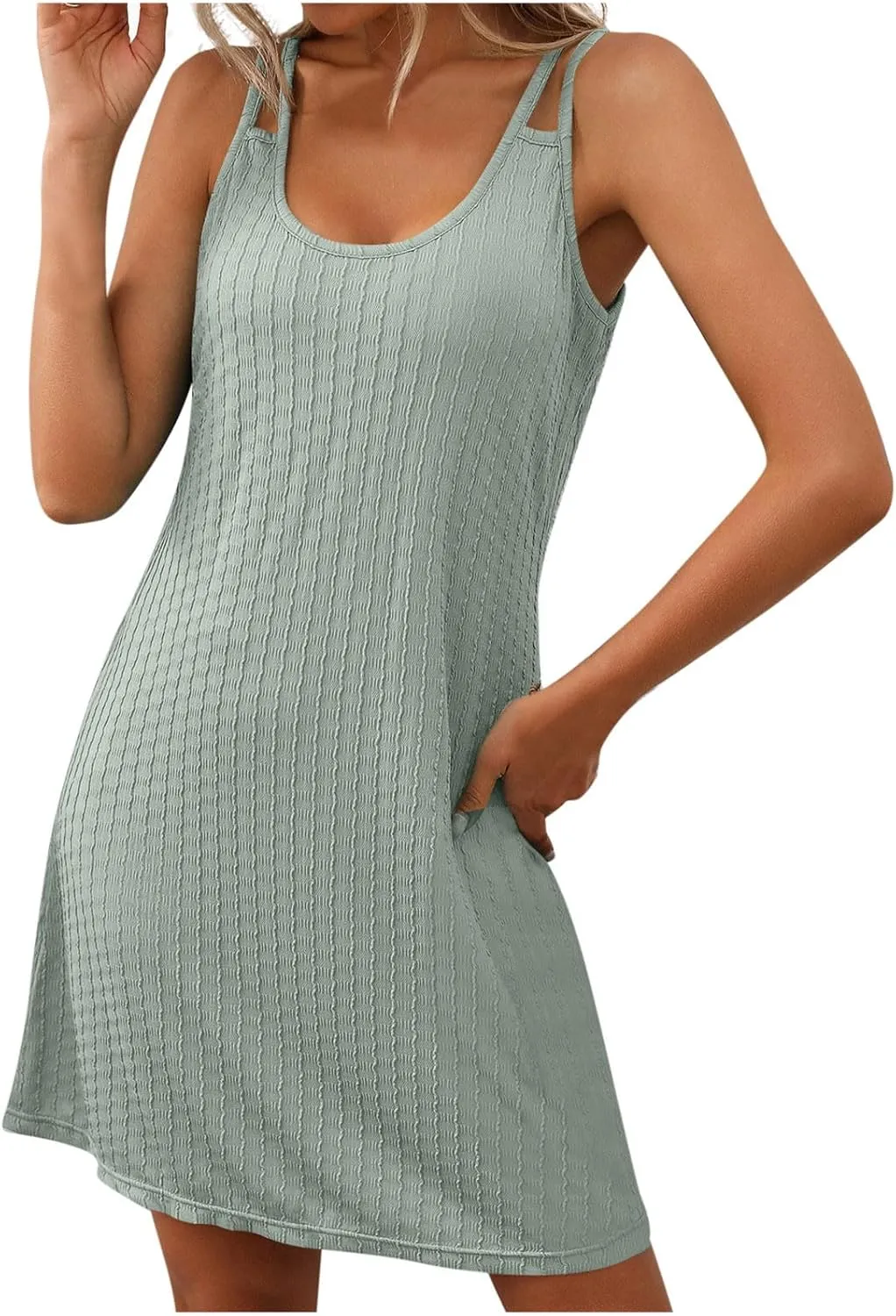 Sun Dresses for Women Summer Beach Vacation Spaghetti Strap Textured Mini Dress Loose Fit Casual Scoop Neck Sundress