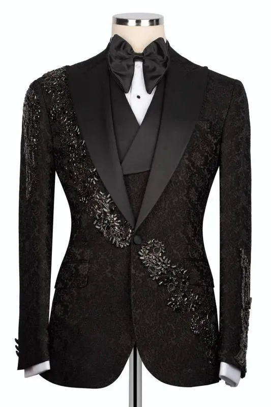 Suzhoufashion Black Crystals 3 Piece Jacquard Bespoke Prom Suits