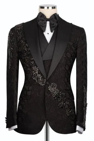 Suzhoufashion Black Crystals 3 Piece Jacquard Bespoke Prom Suits