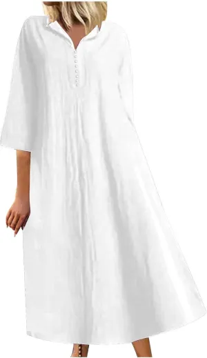 T Shirt Dresses for Women 2025 Summer V Neck Cotton Linen Dress Beach Half Sleeve Sundress Boho Maxi Dress