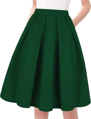 Tandisk Women's Vintage A-line Printed Pleated Flared Midi Skirt with Pockets