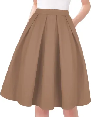 Tandisk Women's Vintage A-line Printed Pleated Flared Midi Skirt with Pockets