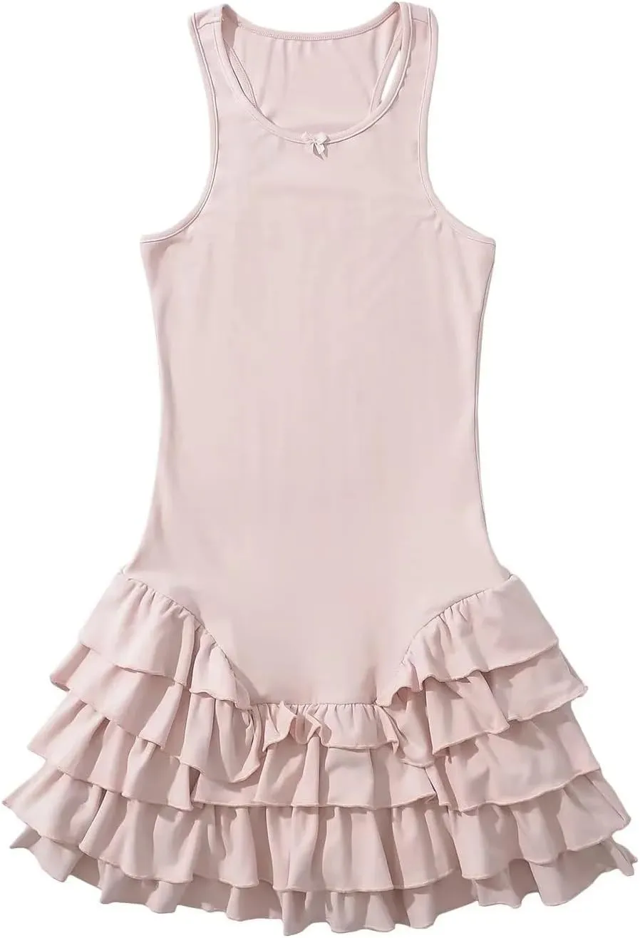 Tank Ruffle Mini Dress Basque Waist Summer Y2k Sleeveless Bodycon Sexy Sundress Boat Neck Flowy Vacation Outfits