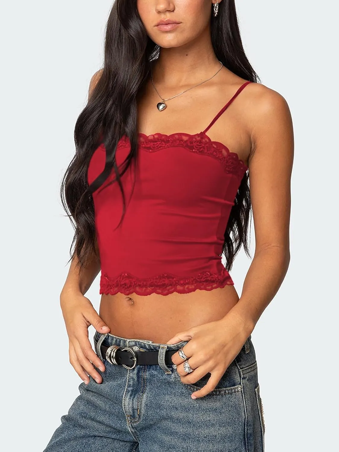 Tank Top for Women Adjustable Spaghetti Strap Camisole Cropped Lace Trim Cami Y2K Going Out Tops Summer