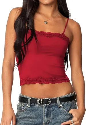 Tank Top for Women Adjustable Spaghetti Strap Camisole Cropped Lace Trim Cami Y2K Going Out Tops Summer