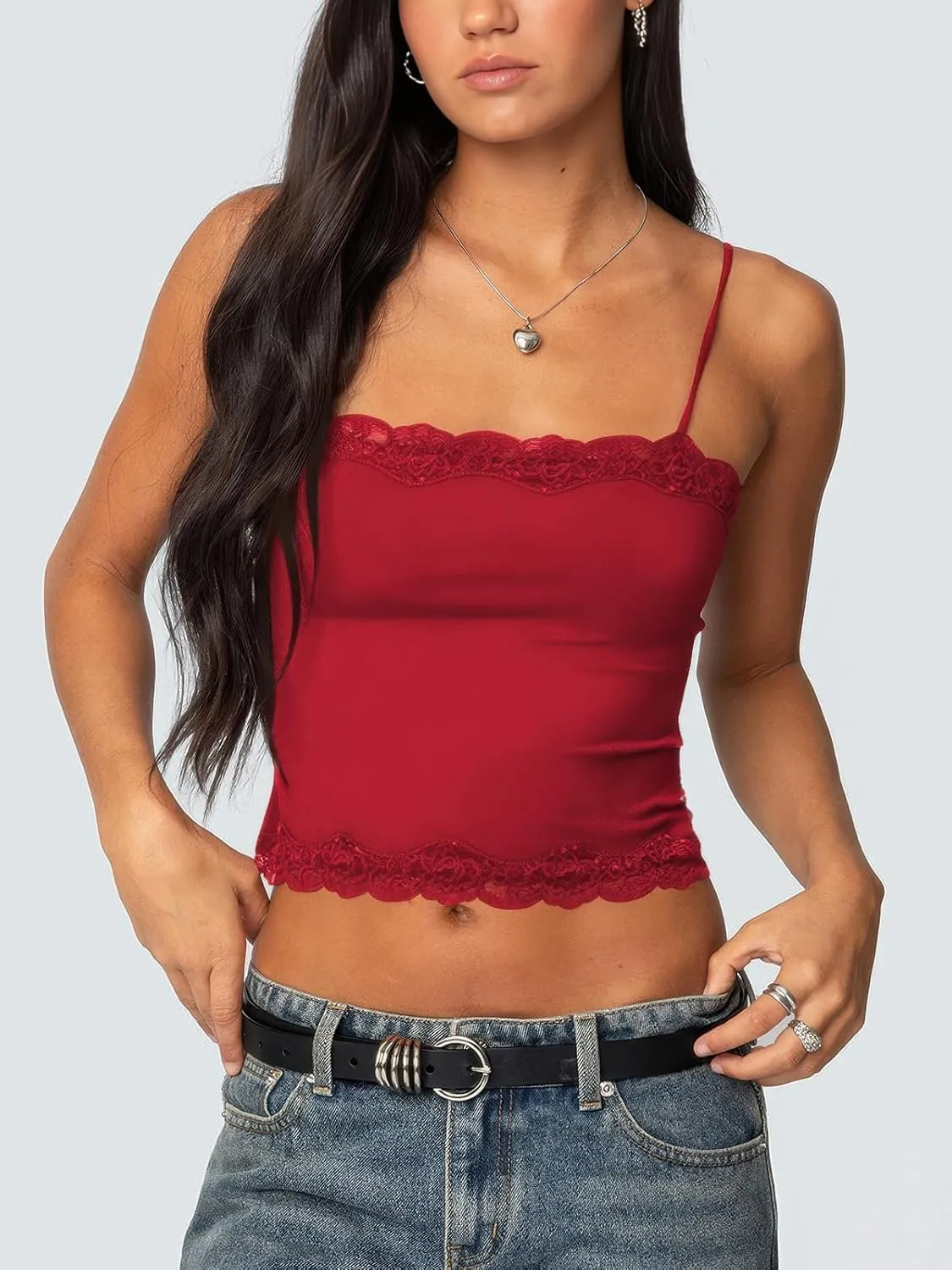Tank Top for Women Adjustable Spaghetti Strap Camisole Cropped Lace Trim Cami Y2K Going Out Tops Summer