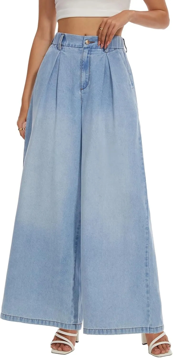 Tapata Women's 24"/27"/30"/33" Inseam Wide Leg Jeans Petite Elastic Waist Baggy Denim Pants Long Palazzo Trousers