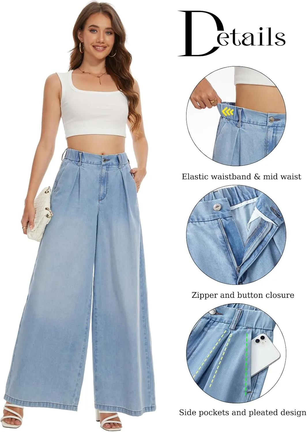 Tapata Women's 24"/27"/30"/33" Inseam Wide Leg Jeans Petite Elastic Waist Baggy Denim Pants Long Palazzo Trousers