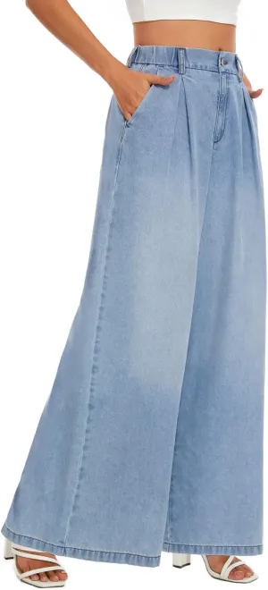 Tapata Women's 24"/27"/30"/33" Inseam Wide Leg Jeans Petite Elastic Waist Baggy Denim Pants Long Palazzo Trousers