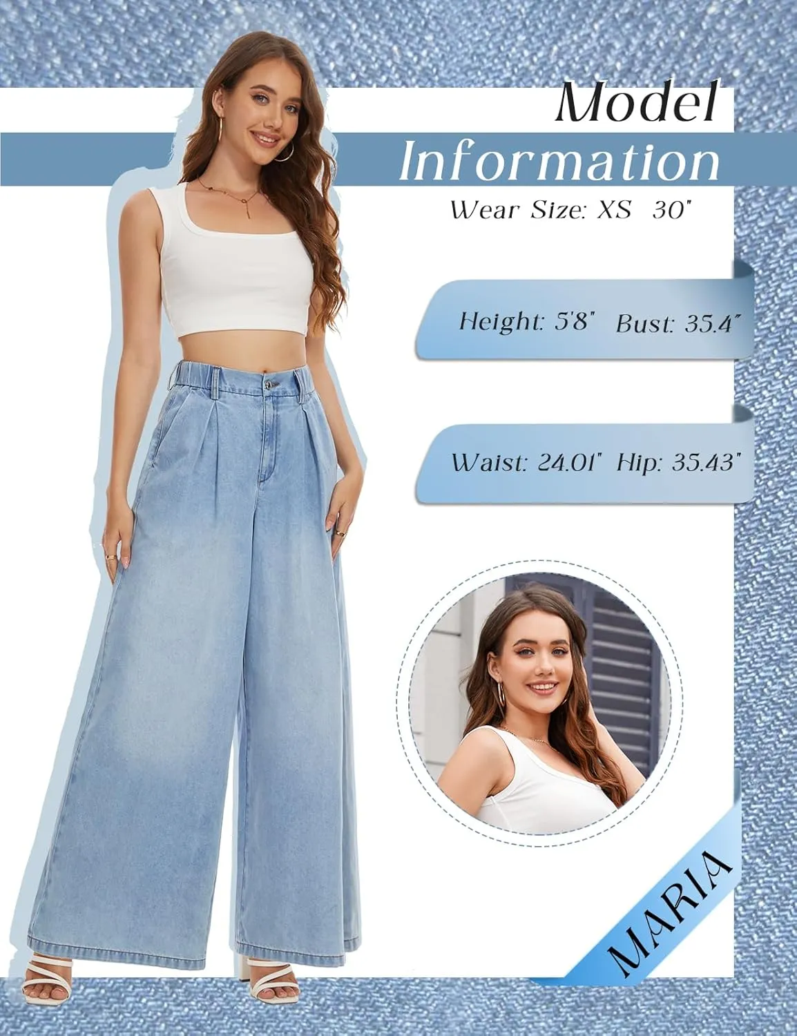 Tapata Women's 24"/27"/30"/33" Inseam Wide Leg Jeans Petite Elastic Waist Baggy Denim Pants Long Palazzo Trousers