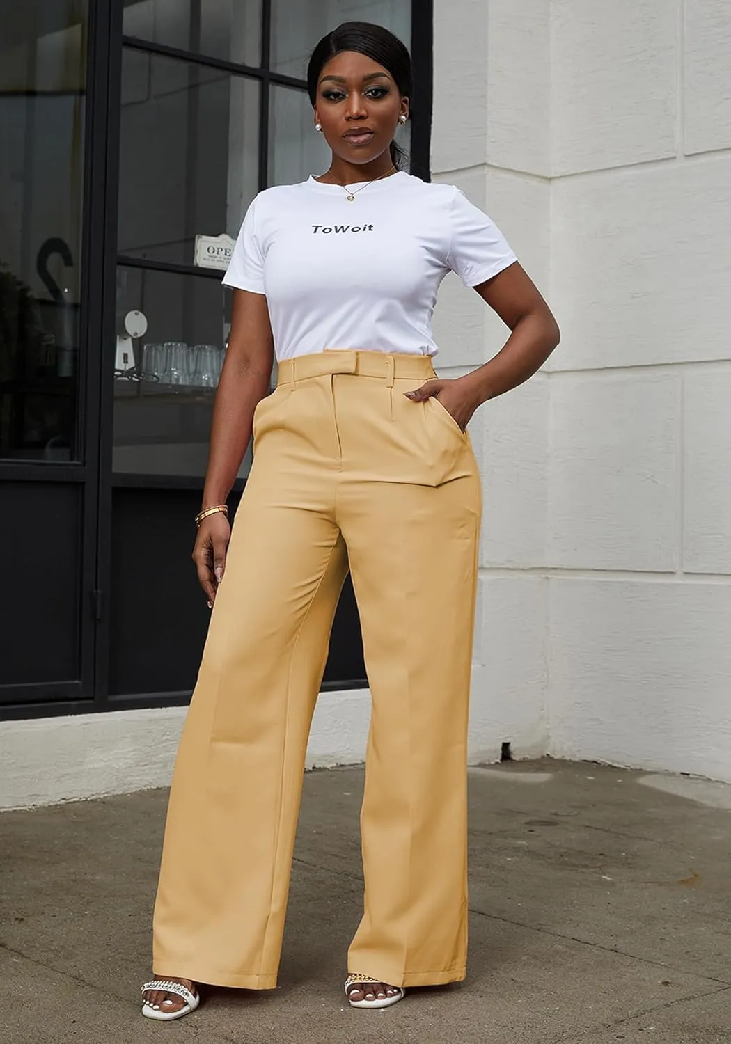 Tbahhir Women's Wide Leg Pants Business Casual High Waisted Trousers Dressy Work Pant with Pockets Office Wear