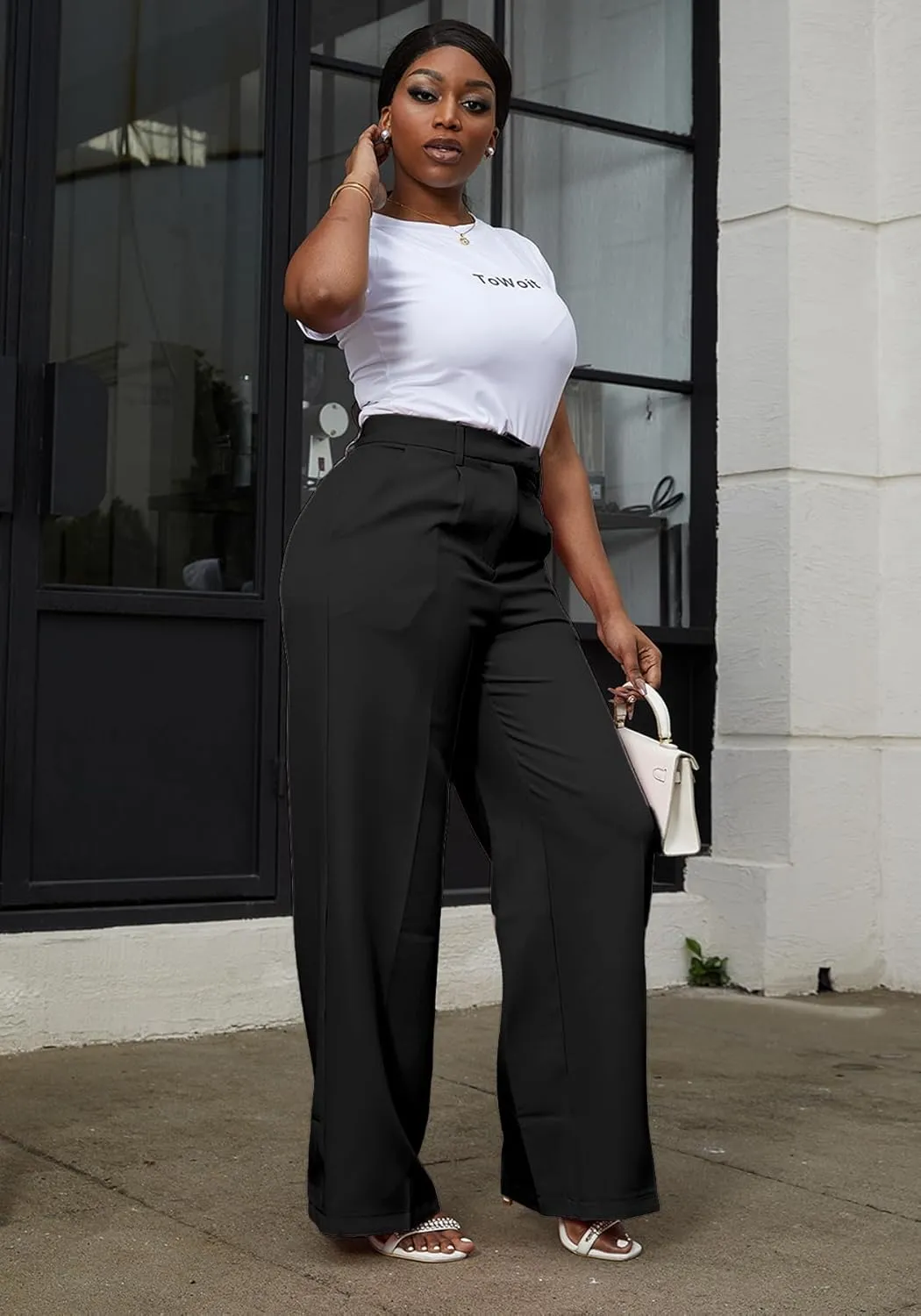 Tbahhir Women's Wide Leg Pants Business Casual High Waisted Trousers Dressy Work Pant with Pockets Office Wear
