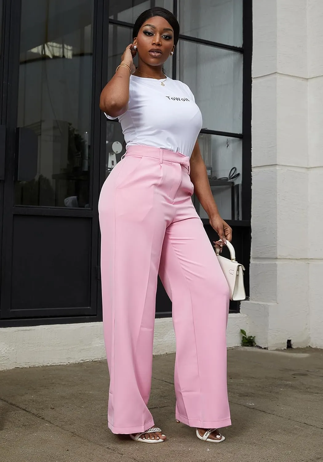 Tbahhir Women's Wide Leg Pants Business Casual High Waisted Trousers Dressy Work Pant with Pockets Office Wear
