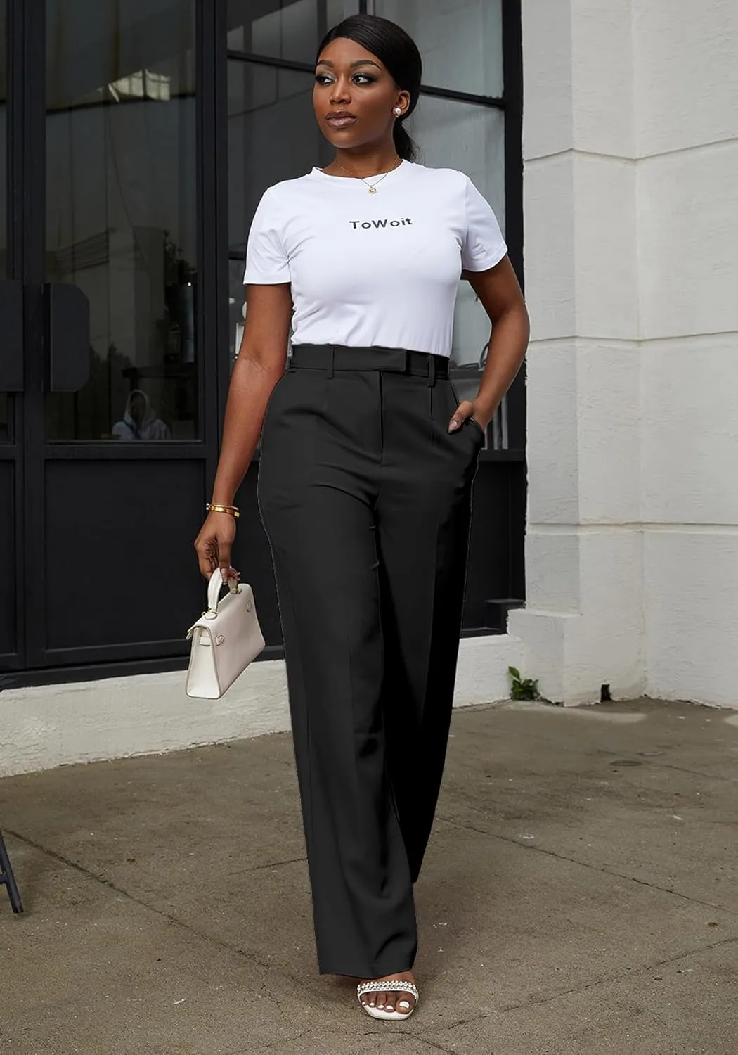Tbahhir Women's Wide Leg Pants Business Casual High Waisted Trousers Dressy Work Pant with Pockets Office Wear
