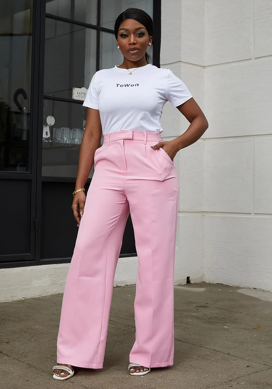 Tbahhir Women's Wide Leg Pants Business Casual High Waisted Trousers Dressy Work Pant with Pockets Office Wear