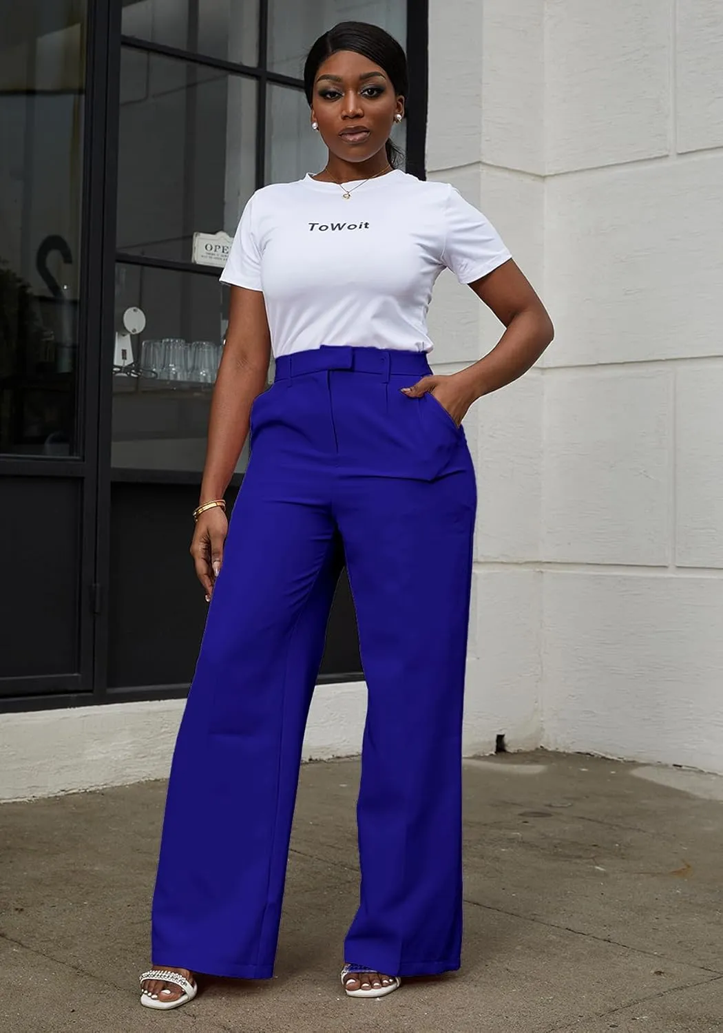 Tbahhir Women's Wide Leg Pants Business Casual High Waisted Trousers Dressy Work Pant with Pockets Office Wear