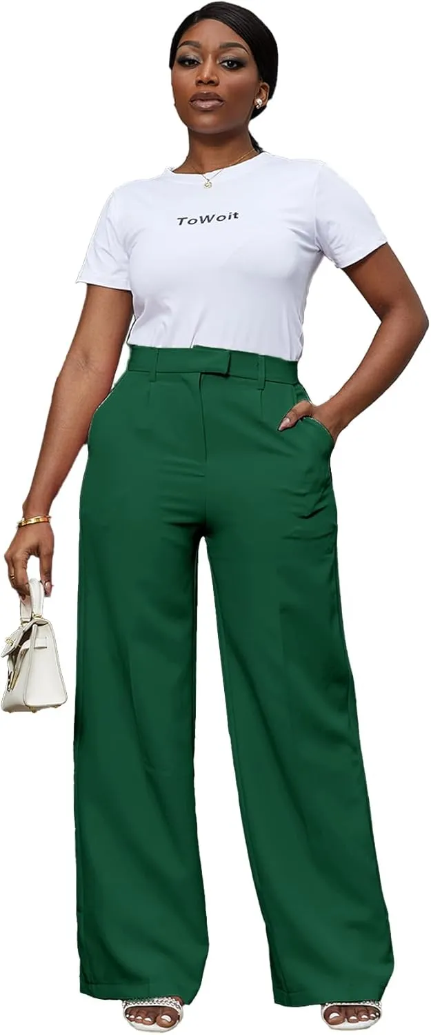 Tbahhir Women's Wide Leg Pants Business Casual High Waisted Trousers Dressy Work Pant with Pockets Office Wear