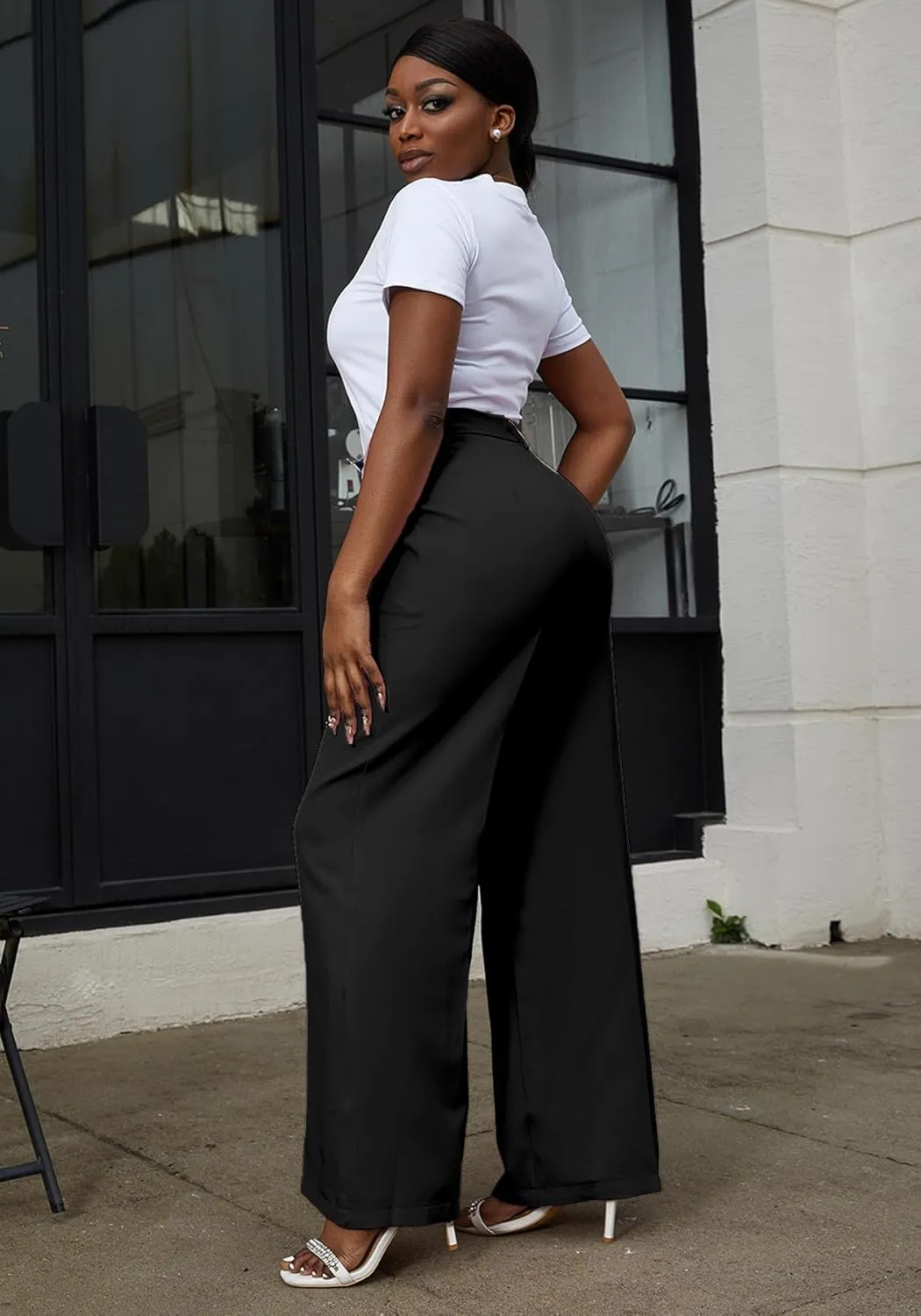 Tbahhir Women's Wide Leg Pants Business Casual High Waisted Trousers Dressy Work Pant with Pockets Office Wear