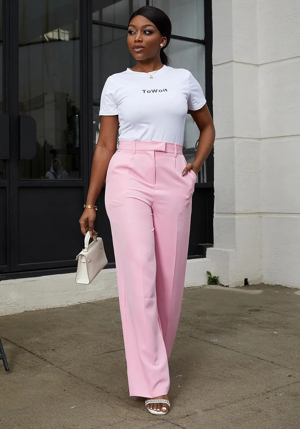 Tbahhir Women's Wide Leg Pants Business Casual High Waisted Trousers Dressy Work Pant with Pockets Office Wear