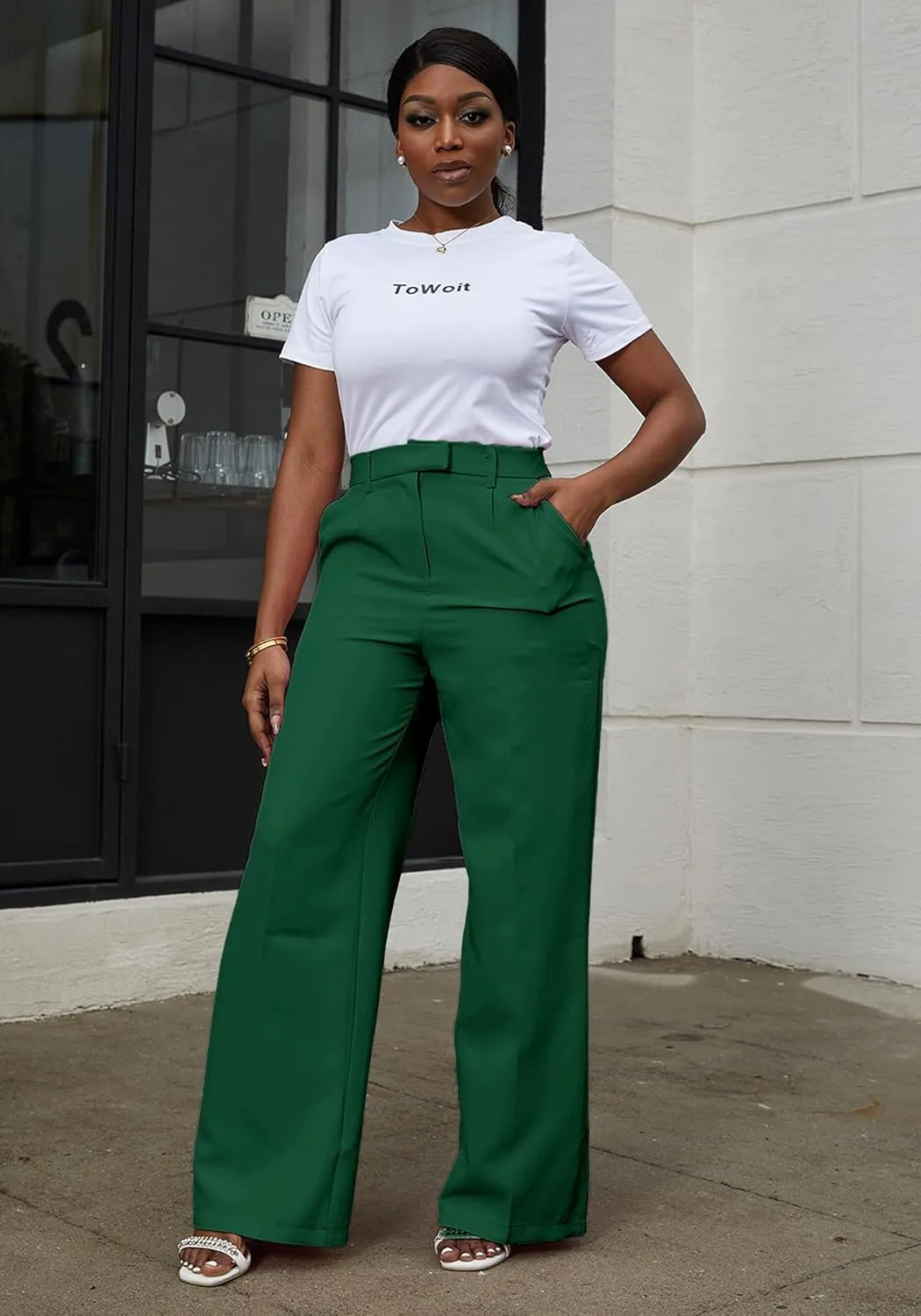 Tbahhir Women's Wide Leg Pants Business Casual High Waisted Trousers Dressy Work Pant with Pockets Office Wear