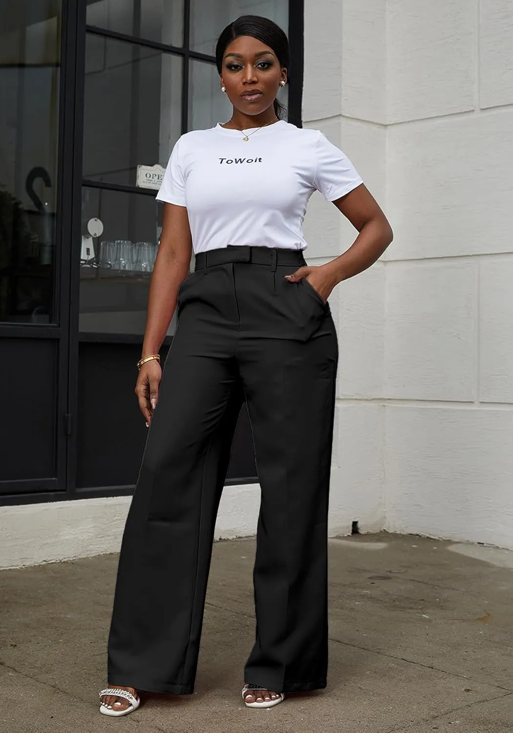 Tbahhir Women's Wide Leg Pants Business Casual High Waisted Trousers Dressy Work Pant with Pockets Office Wear
