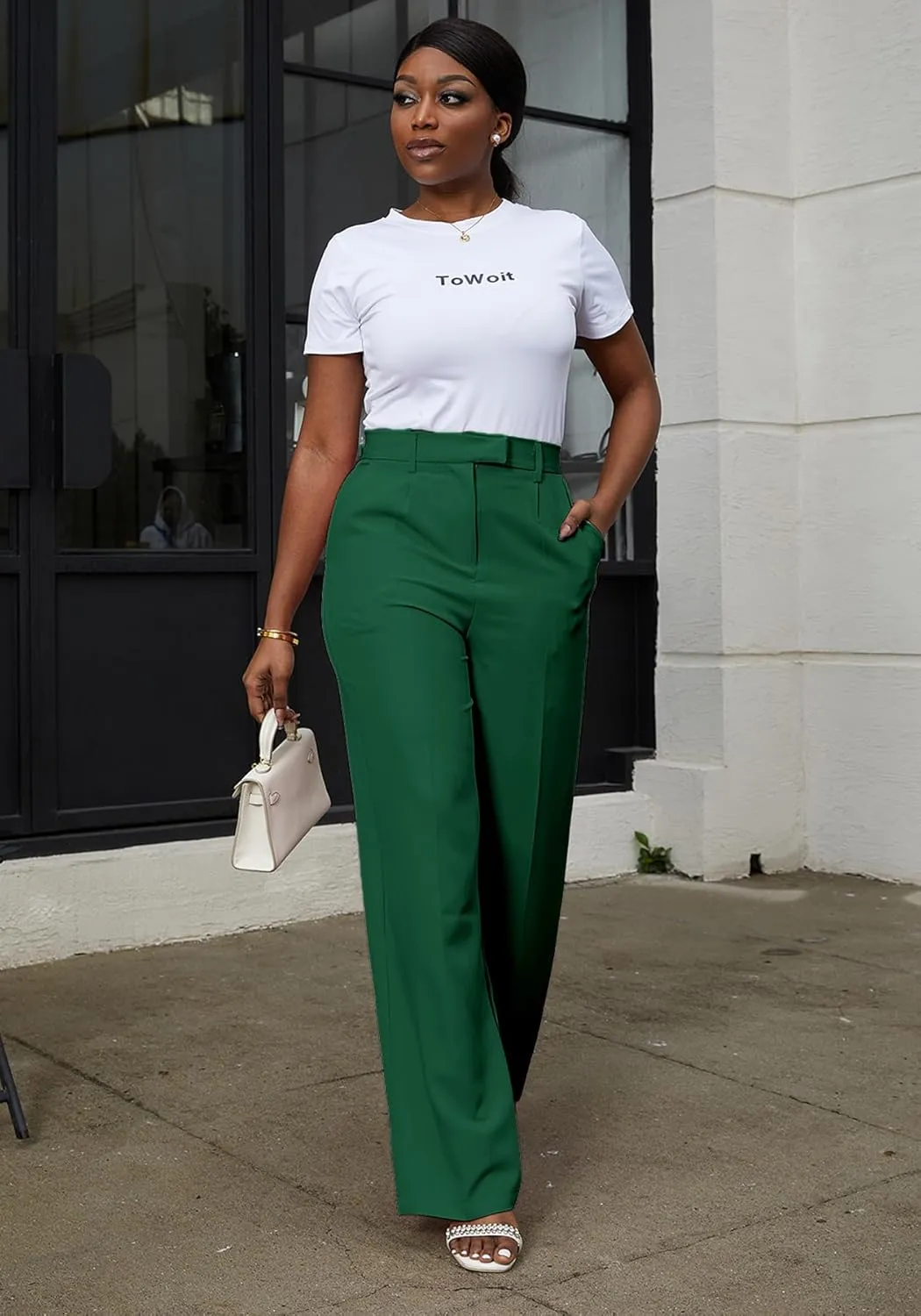 Tbahhir Women's Wide Leg Pants Business Casual High Waisted Trousers Dressy Work Pant with Pockets Office Wear