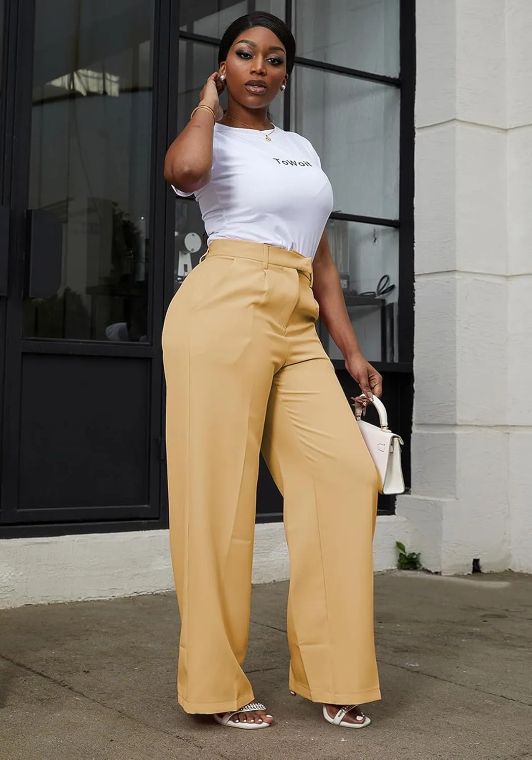 Tbahhir Women's Wide Leg Pants Business Casual High Waisted Trousers Dressy Work Pant with Pockets Office Wear