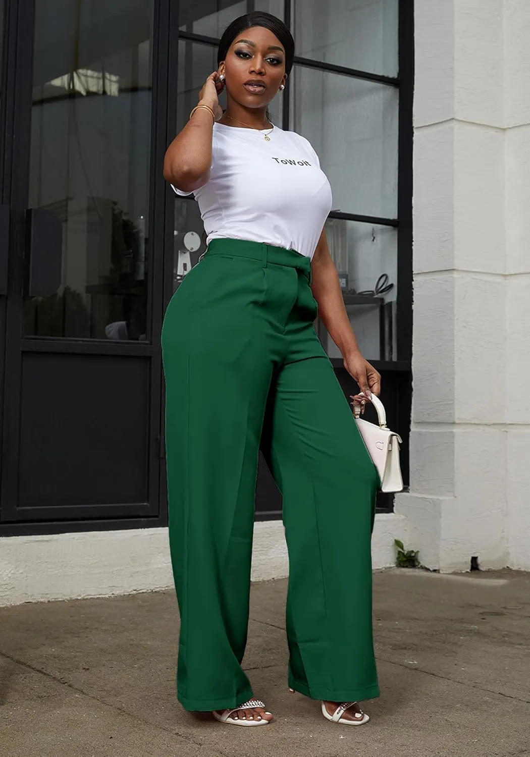 Tbahhir Women's Wide Leg Pants Business Casual High Waisted Trousers Dressy Work Pant with Pockets Office Wear