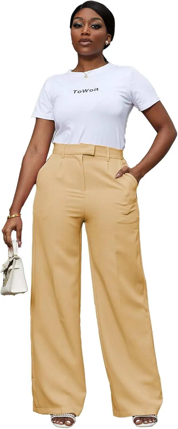 Tbahhir Women's Wide Leg Pants Business Casual High Waisted Trousers Dressy Work Pant with Pockets Office Wear