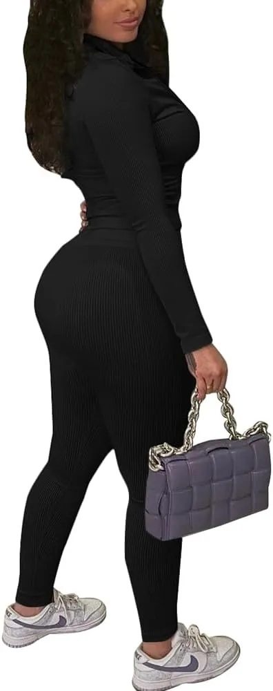 TOPSRANI Womens Two Piece Outfits Bodycon Tracksuit Striped Sweatsuits Ribbed Solid Jogger Workout Lounge Long Pant Sets