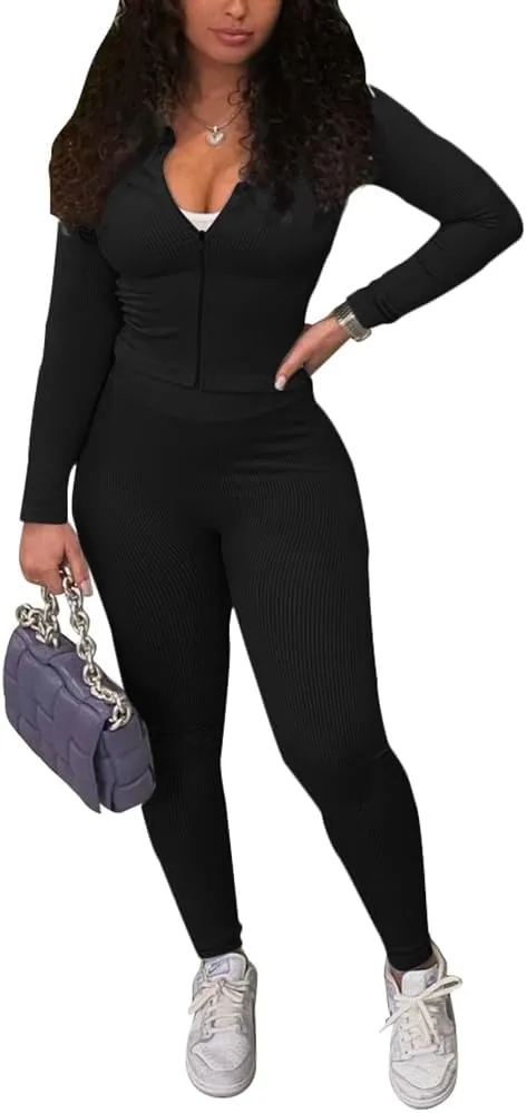 TOPSRANI Womens Two Piece Outfits Bodycon Tracksuit Striped Sweatsuits Ribbed Solid Jogger Workout Lounge Long Pant Sets
