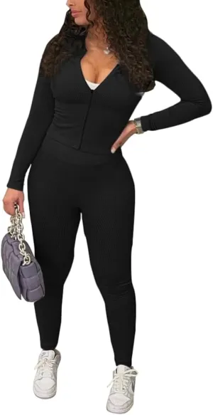 TOPSRANI Womens Two Piece Outfits Bodycon Tracksuit Striped Sweatsuits Ribbed Solid Jogger Workout Lounge Long Pant Sets