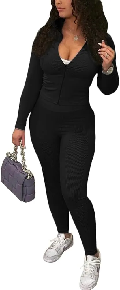 TOPSRANI Womens Two Piece Outfits Bodycon Tracksuit Striped Sweatsuits Ribbed Solid Jogger Workout Lounge Long Pant Sets