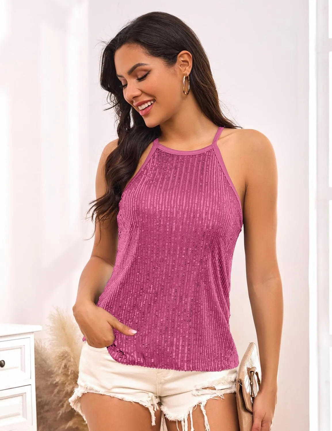 Traleubie Womens Tank Tops Sleeveless Camisole Halter Neck Sparkly Sequin Tops for Women