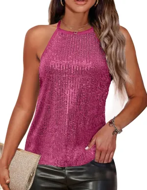 Traleubie Womens Tank Tops Sleeveless Camisole Halter Neck Sparkly Sequin Tops for Women