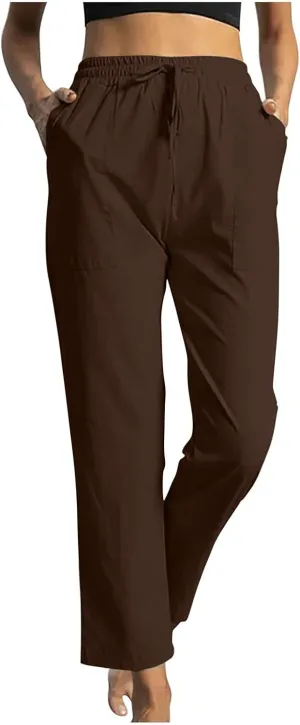 Trendy Pants for Women,Wwomens Casual Summer 2025 Drawstring Elastic High Waist Pant Comfy Solid Wide Leg Trouser