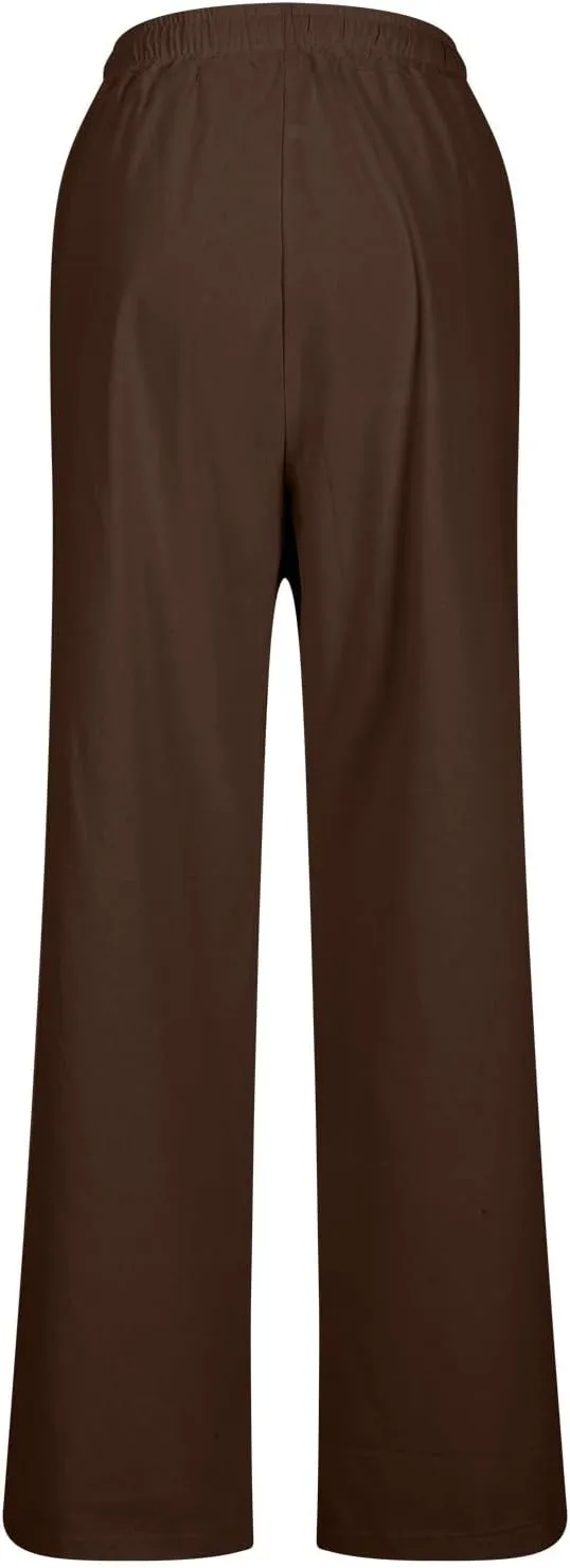 Trendy Pants for Women,Wwomens Casual Summer 2025 Drawstring Elastic High Waist Pant Comfy Solid Wide Leg Trouser