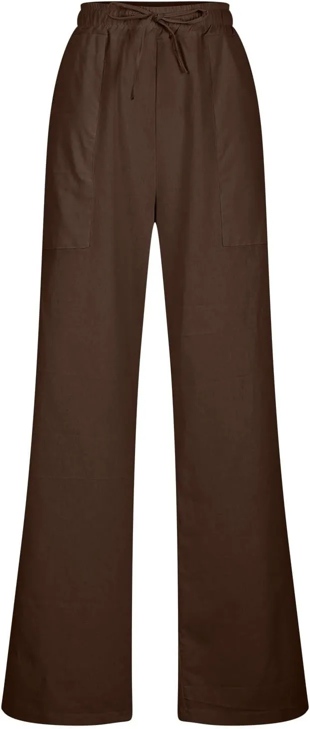 Trendy Pants for Women,Wwomens Casual Summer 2025 Drawstring Elastic High Waist Pant Comfy Solid Wide Leg Trouser