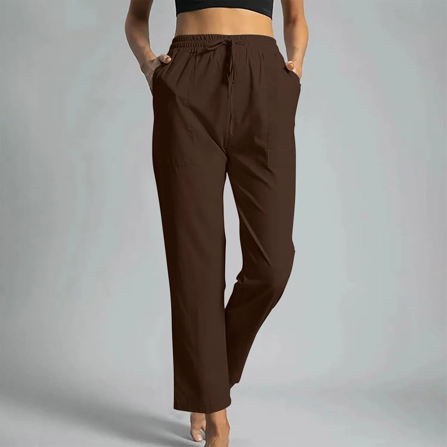 Trendy Pants for Women,Wwomens Casual Summer 2025 Drawstring Elastic High Waist Pant Comfy Solid Wide Leg Trouser
