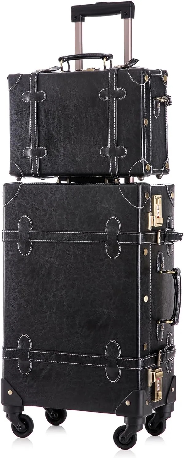 UNIWALKER 2 Piece Vintage Suitcase Set, 20" Handcraft Carry on Luggage with Train Case for Women Men, Retro Trunk with Spinner Wheels, BLACK
