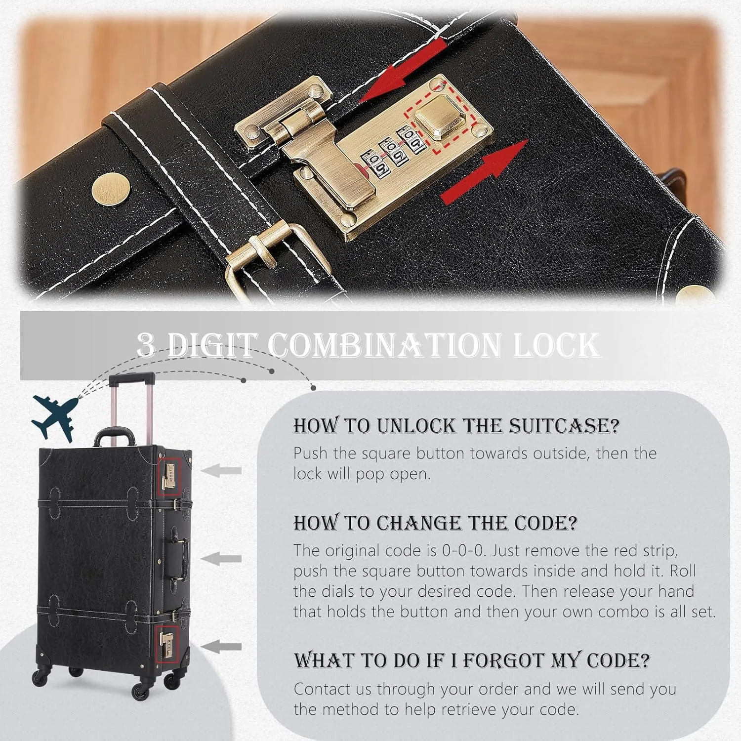 UNIWALKER 2 Piece Vintage Suitcase Set, 20" Handcraft Carry on Luggage with Train Case for Women Men, Retro Trunk with Spinner Wheels, BLACK