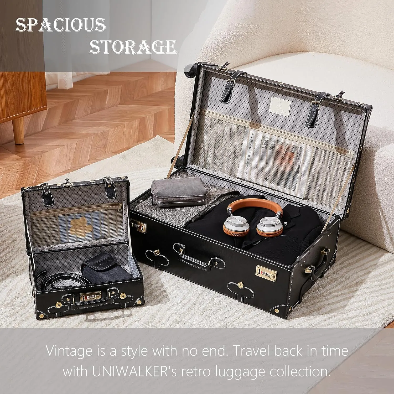 UNIWALKER 2 Piece Vintage Suitcase Set, 20" Handcraft Carry on Luggage with Train Case for Women Men, Retro Trunk with Spinner Wheels, BLACK