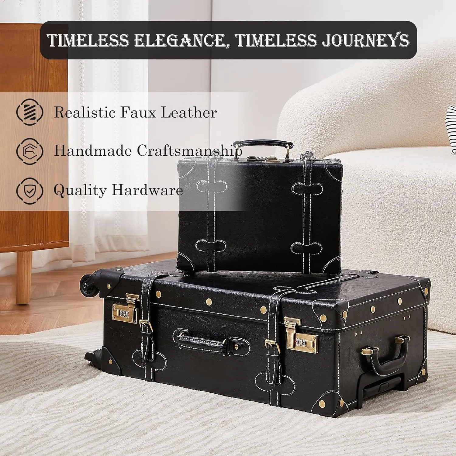 UNIWALKER 2 Piece Vintage Suitcase Set, 20" Handcraft Carry on Luggage with Train Case for Women Men, Retro Trunk with Spinner Wheels, BLACK
