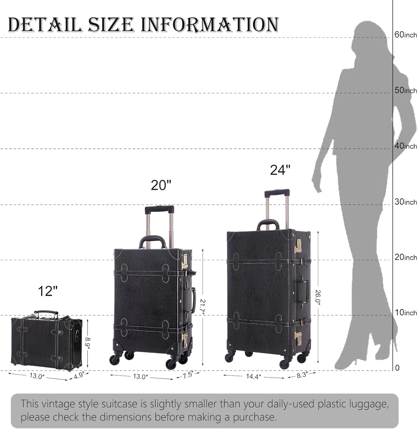 UNIWALKER 2 Piece Vintage Suitcase Set, 20" Handcraft Carry on Luggage with Train Case for Women Men, Retro Trunk with Spinner Wheels, BLACK