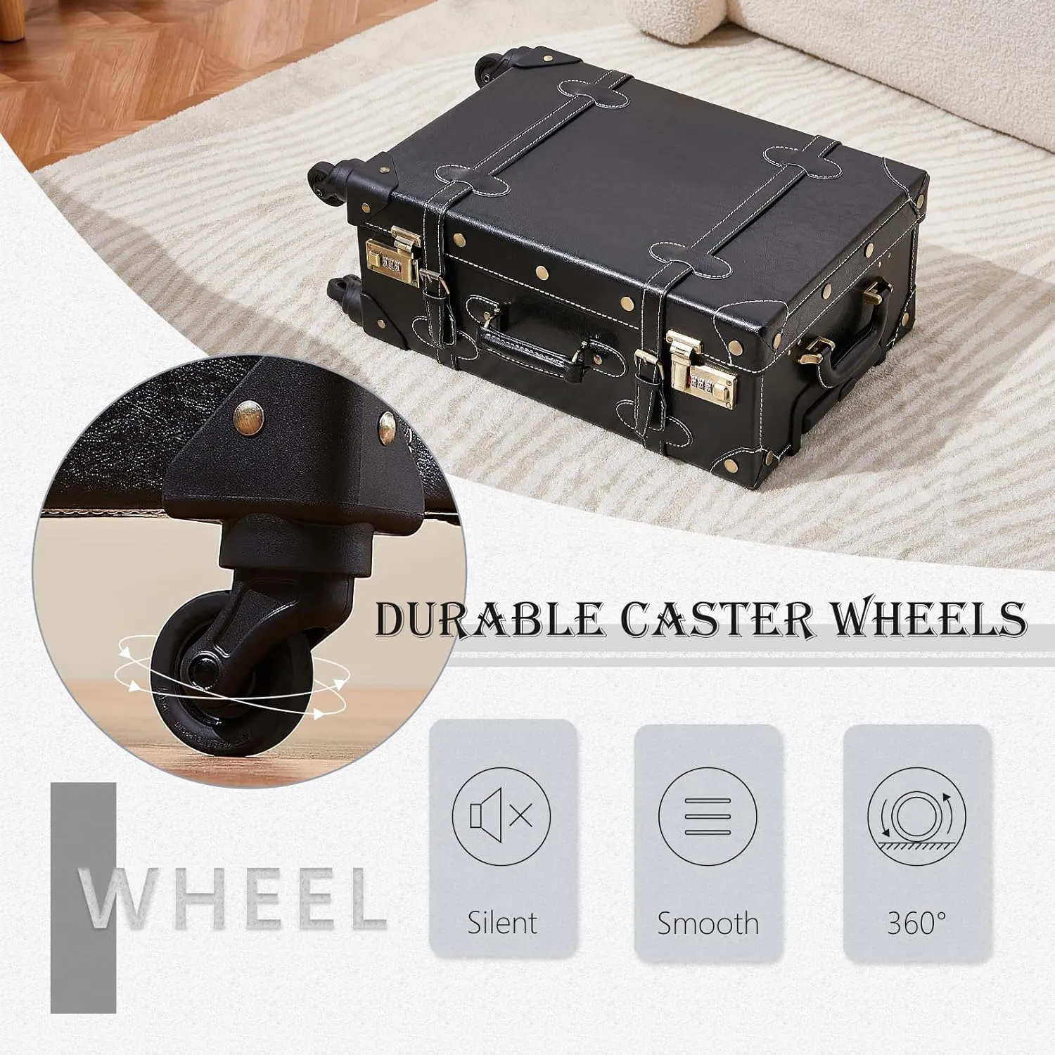 UNIWALKER 2 Piece Vintage Suitcase Set, 20" Handcraft Carry on Luggage with Train Case for Women Men, Retro Trunk with Spinner Wheels, BLACK