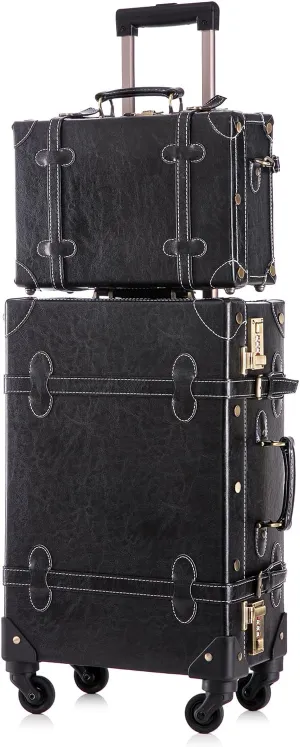 UNIWALKER 2 Piece Vintage Suitcase Set, 20" Handcraft Carry on Luggage with Train Case for Women Men, Retro Trunk with Spinner Wheels, BLACK