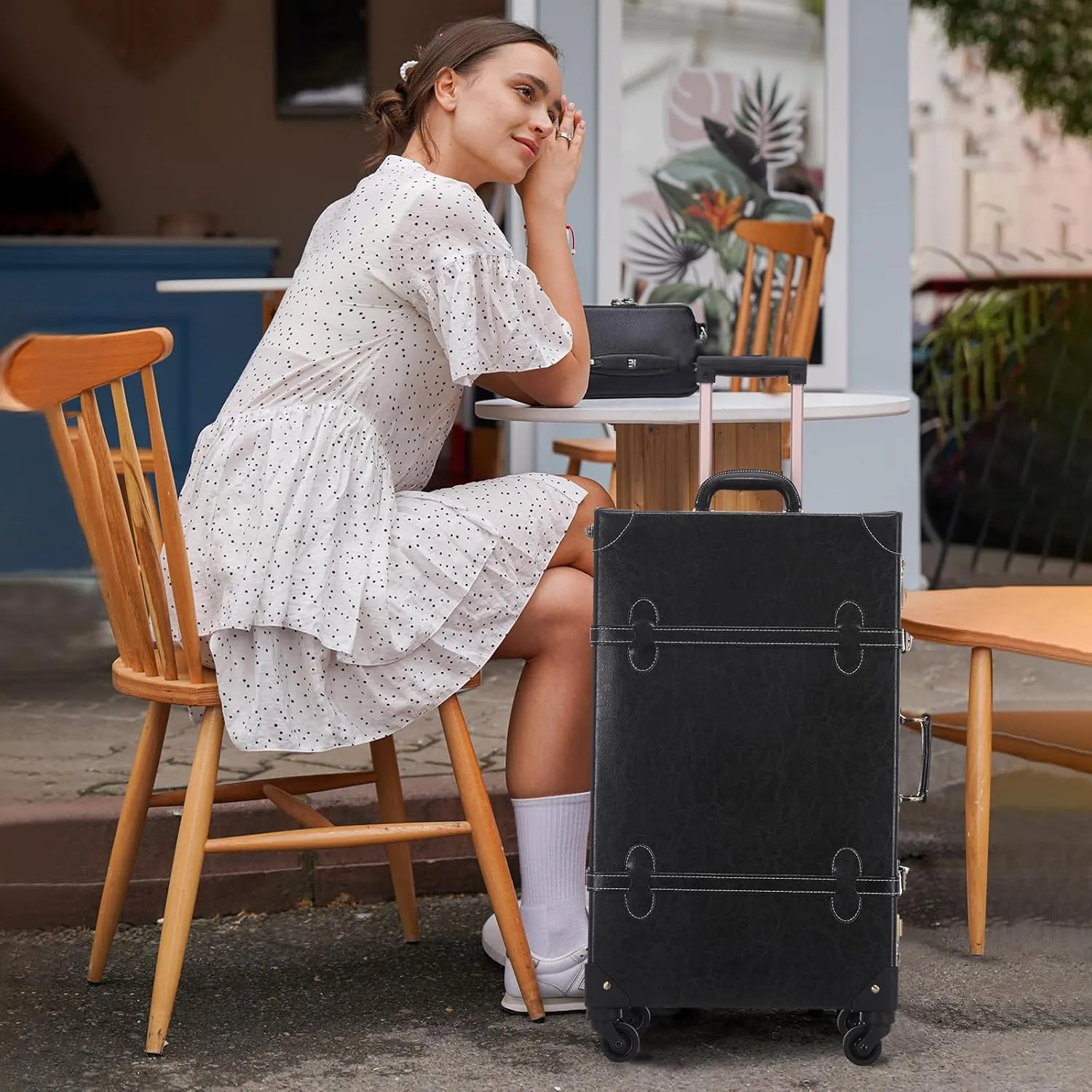 UNIWALKER 2 Piece Vintage Suitcase Set, 20" Handcraft Carry on Luggage with Train Case for Women Men, Retro Trunk with Spinner Wheels, BLACK