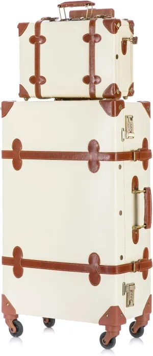 UNIWALKER Vintage Suitcase Set for Women, 2 Piece Handcraft Faux Leather Spinner Trunk Luggage with Cosmetic Train Case, 24" 12", Beige