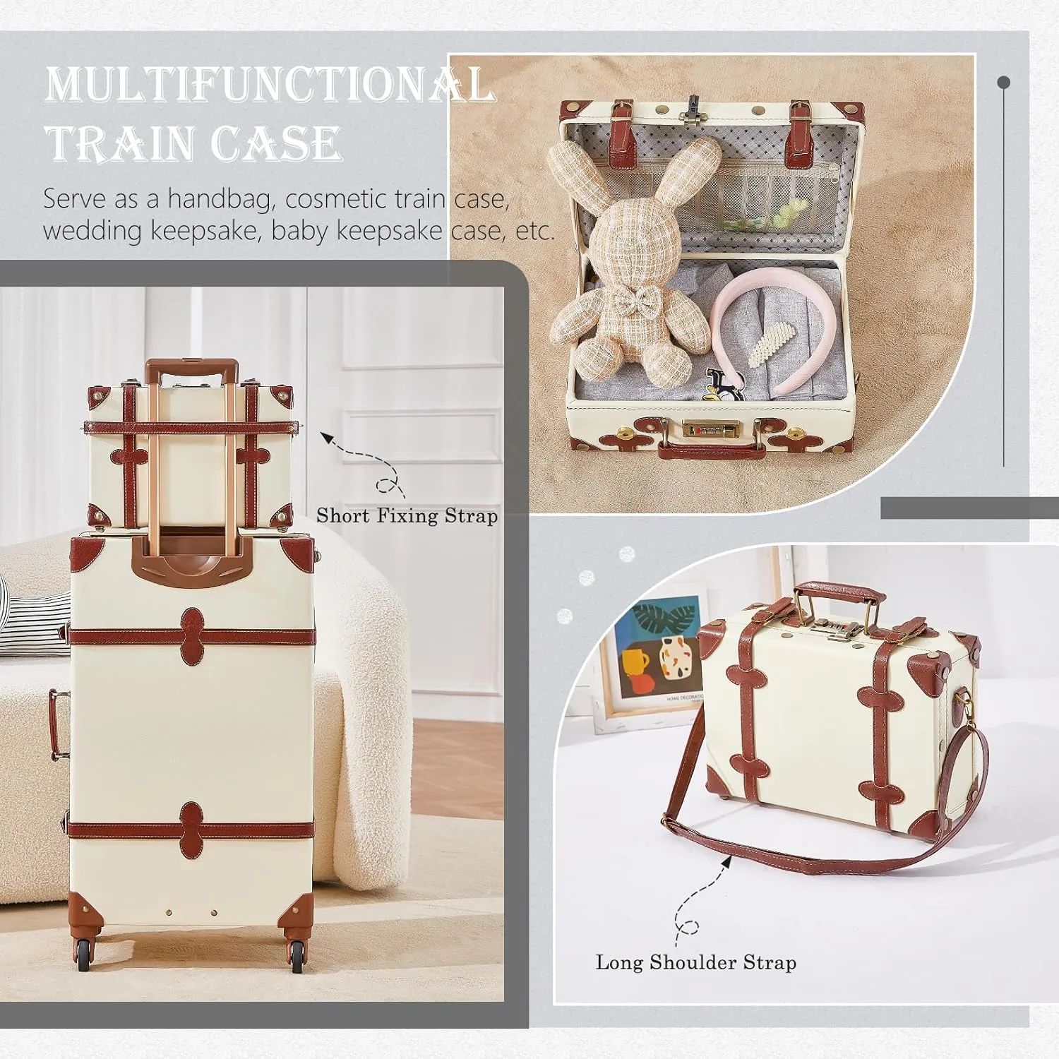 UNIWALKER Vintage Suitcase Set for Women, 2 Piece Handcraft Faux Leather Spinner Trunk Luggage with Cosmetic Train Case, 24" 12", Beige